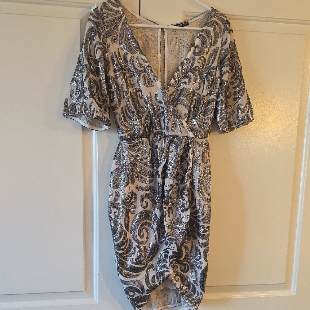 TFNC Glittering Silver and Cream Mini Dress